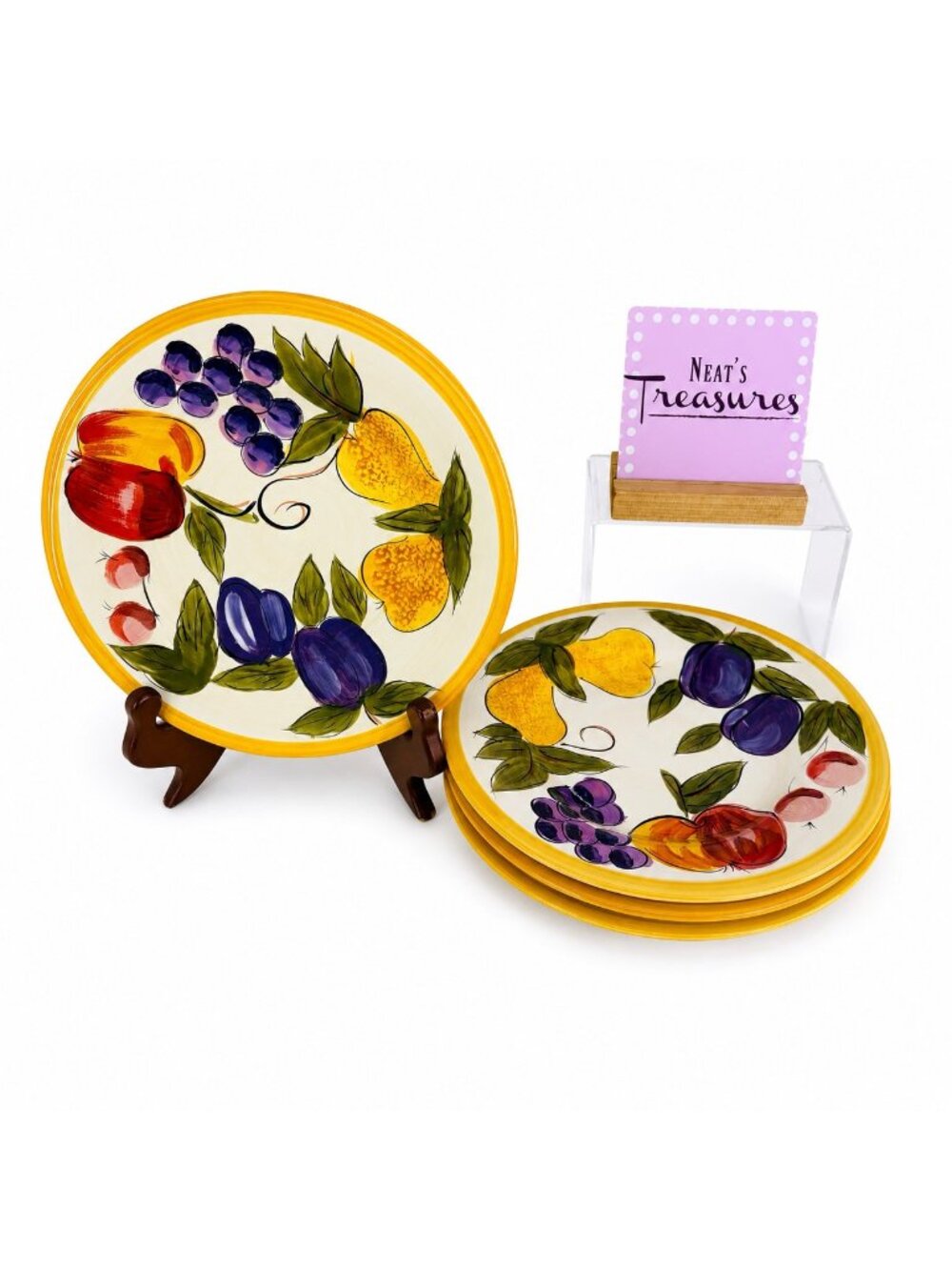 Tabletops CORNUCOPIA Hand Crafted Yellow Band Fruit Lunch Salad Plates Set 4